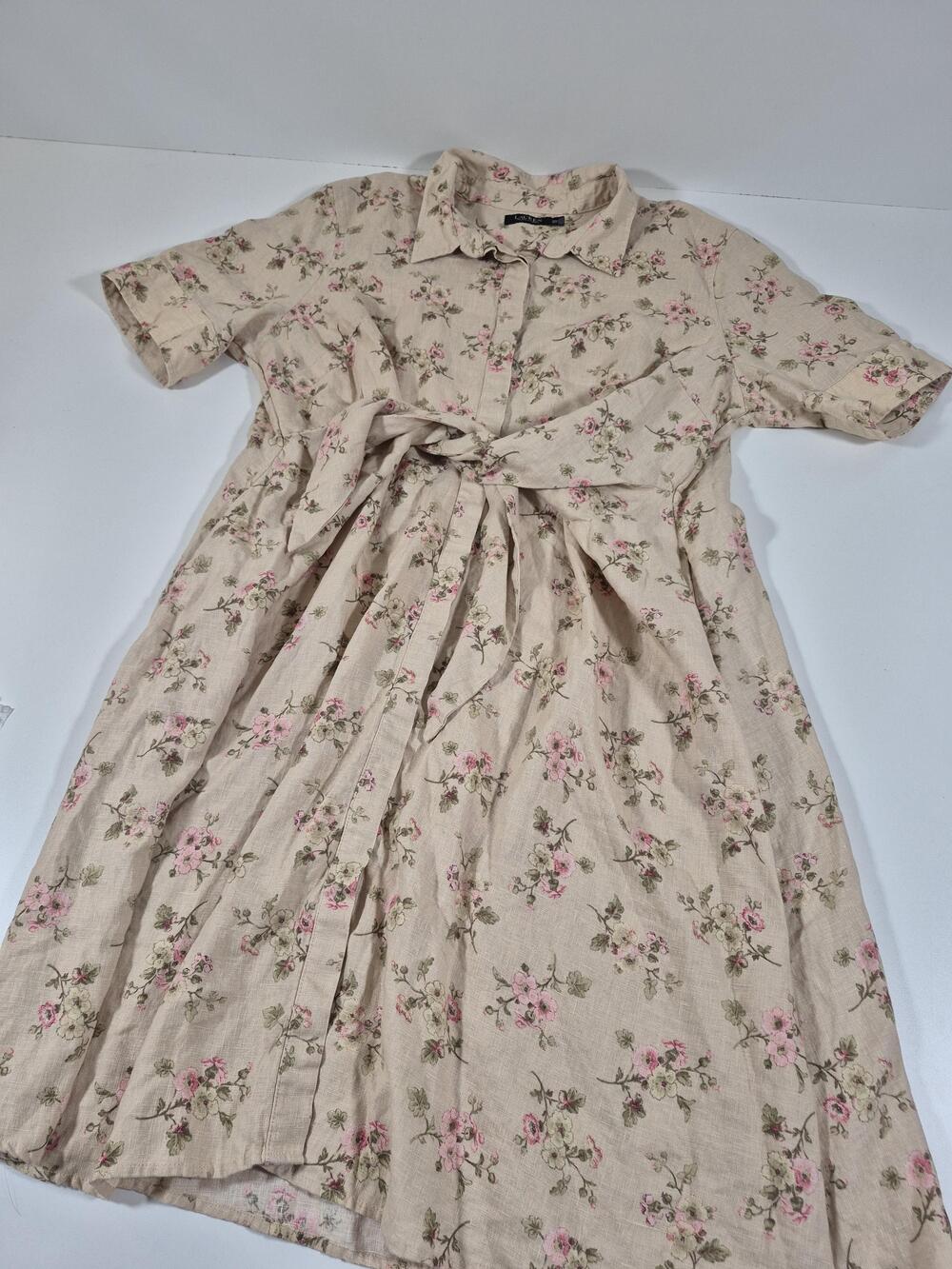 Lauren Ralph Lauren Women's 22W Beige Floral Linen Belted Midi Shirt Dress